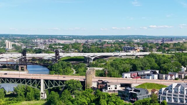 Aerial footage of office buildings, apartments and homes in downtown Cleveland Ohio USA