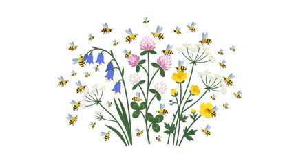 Honeybees Swarming Wildflowers: Clover, Bluebells, Buttercups © Por