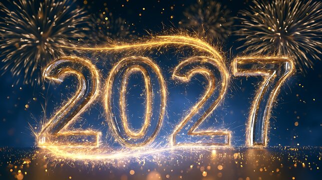 The year 2027 outlined in glowing golden light trails from a burning sparkler with exploding festive fireworks and sparkling bokeh on a dark blue background.