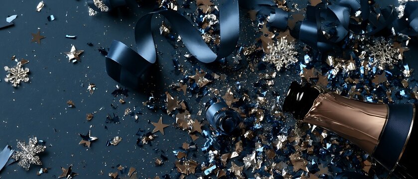 The neck of a champagne bottle lying on a dark surface with scattered gold confetti star sequins snowflakes and a curled black satin ribbon.