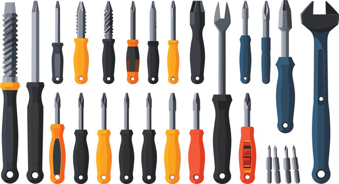 Professional Screwdriver Set and Adjustable Wrench Vector Elements with Different Drive Bits for Industrial Repair Construction and Hardware Workshop Designs