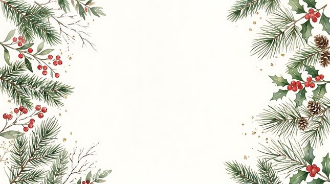 Watercolor christmas frame with pine branches, holly berries and pinecones isolated on white background
