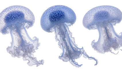 Three blue jellyfish with white spots floating © Andrei