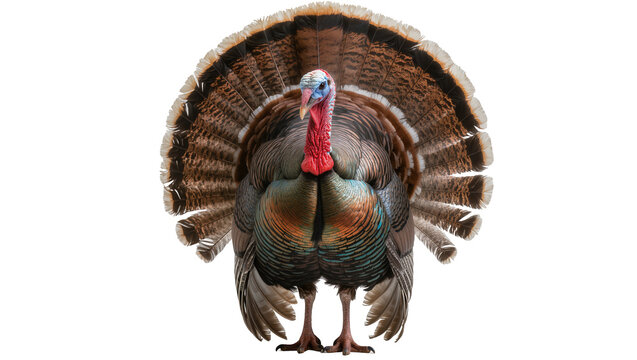 Male wild turkey displaying fanned tail feathers