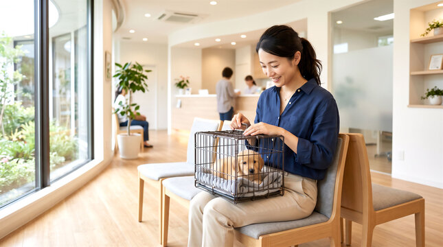 子犬ケージを膝に乗せる女性飼い主
