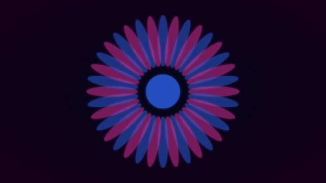 Abstract neon flower motion animation 4k background, with rotating blue, and pink petals