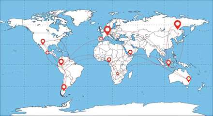 Fototapeta premium Global Connection Map: World Map with Location Pins and Connecting Lines