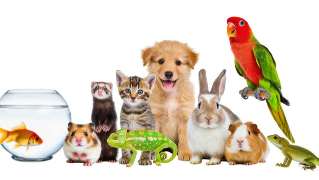 Assorted small pets including goldfish hamster ferret kitten chameleon puppy rabbit guinea pig parrot, and lizard