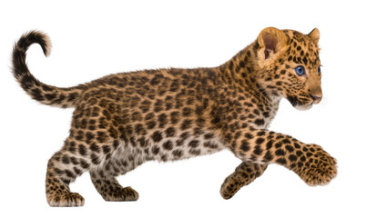 Fototapeta premium Leopard cub running with blue eyes and spotted fur