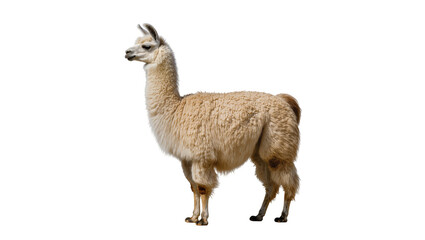Fototapeta premium Fluffy beige llama standing profile view