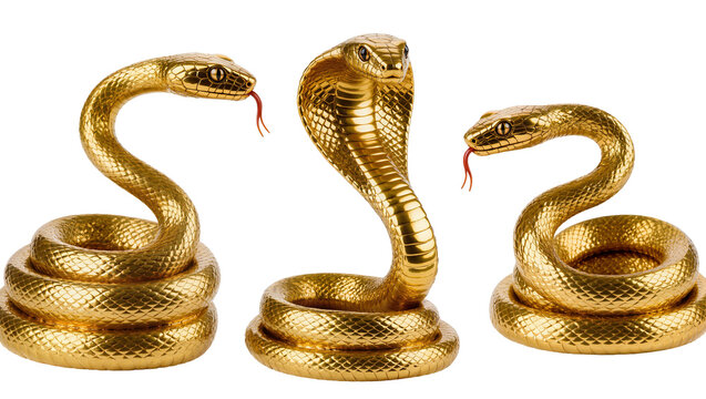 Three golden cobra snakes coiled with red tongues