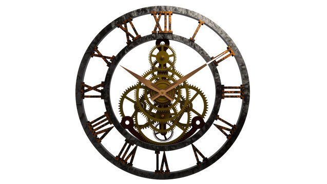 Steampunk Wall Clock with Visible Gears and Roman Numerals