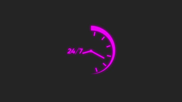 Neon 24/7 service clock animation: continuous support and business availability concept