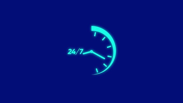 24/7 service neon clock animation: continuous support and business availability concept
