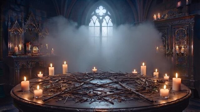 Altare rituale gotico cinematografico con pentacolo di ramoscelli e candele accese in una stanza di pietra oscura con nebbia mistica