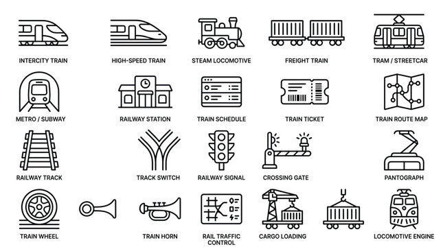 Collection of train icons intercity high speed steam freight tram metro railway station schedule ticket route map track switch signal gate pantograph.