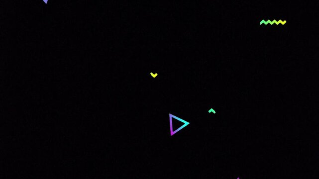 Retro Memphis Style Background Animation with Neon Triangles and Zig Zag Lines on Black