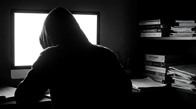 Person in Hoodie Working at Computer in Dark Room