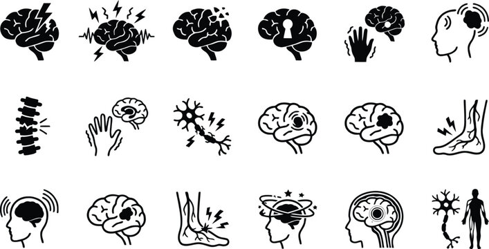 A collection of black and white medical icons depicting various neurological conditions and brain health issues presented in a clean minimalist flat vector art style.