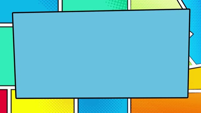 Comic book panel features a central blue rectangle surrounded by colorful geometric shapes and dots.