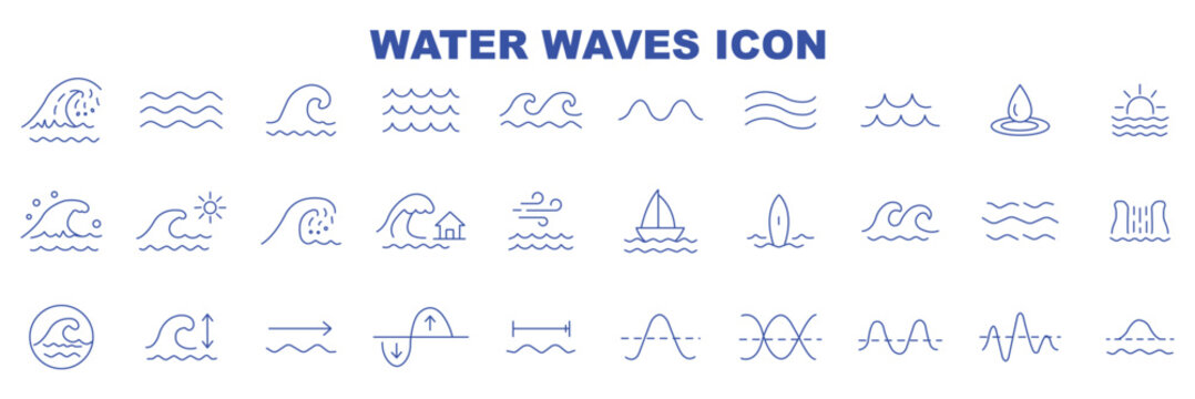 Ocean wave line icons set water sea surf nautical symbols minimal outline vector illustration nature marine collection isolated background