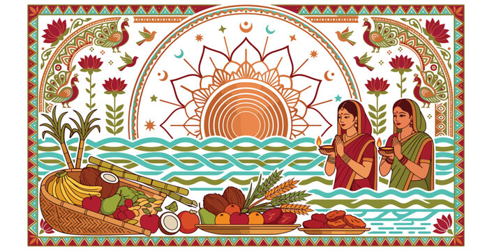 Indian chhat puja festival celebration vector illustration with women praying sun god at river.