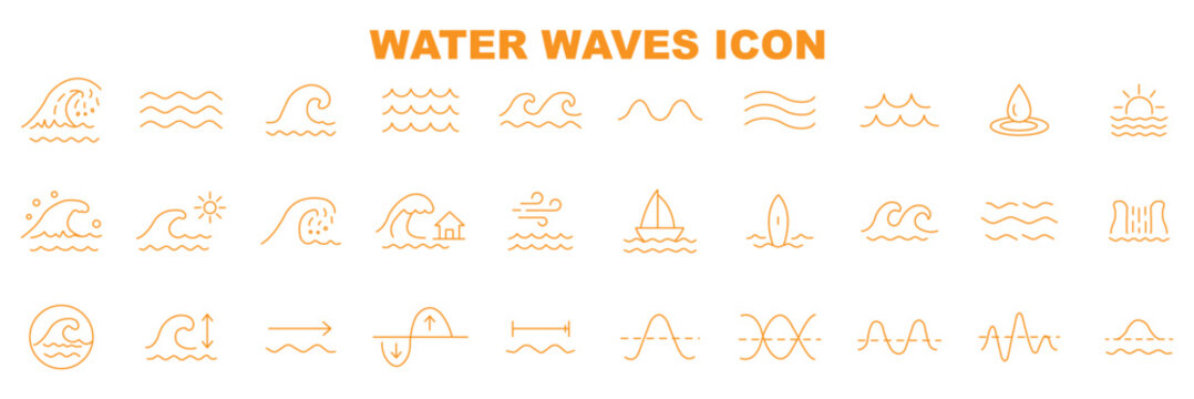 Ocean wave line icons set water sea surf nautical symbols minimal outline vector illustration nature marine collection isolated background