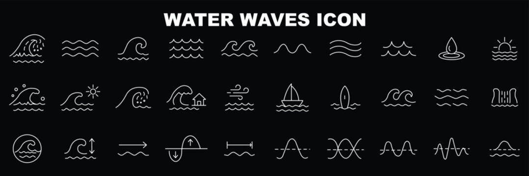 Ocean wave line icons set water sea surf nautical symbols minimal outline vector illustration nature marine collection isolated background