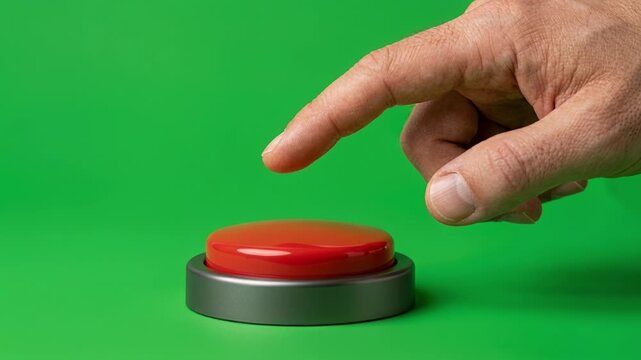 Human finger pressing a red push button on a green screen chroma key background. Activation, emergency control, safety, decision making and technology concept with copy space.