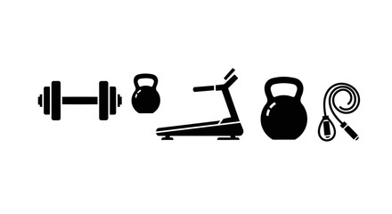 Fitness equipment icons including dumbbells kettlebells treadmill and jump rope for exercise © Dipan