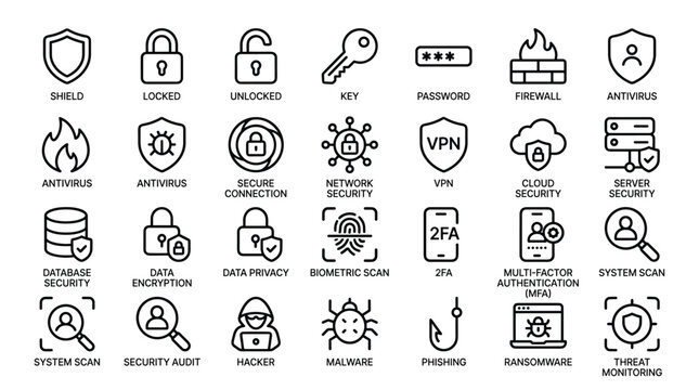 Cyber security protection icons set including locks shields firewalls biometric scanning network safety encryption methods and threat monitoring alert symbols.