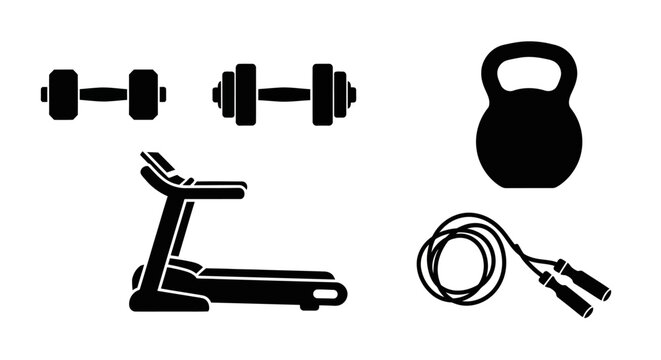 Fitness equipment icons including dumbbells kettlebell treadmill and jump rope for exercise