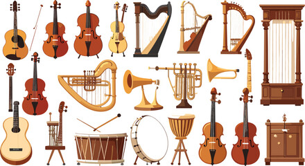 Classical Musical Instruments Vector Set with Guitars Violins Harps Trumpets Drums and Vintage Stringed Equipment for Acoustic Concert and Orchestra Audio Designs © Roymohan