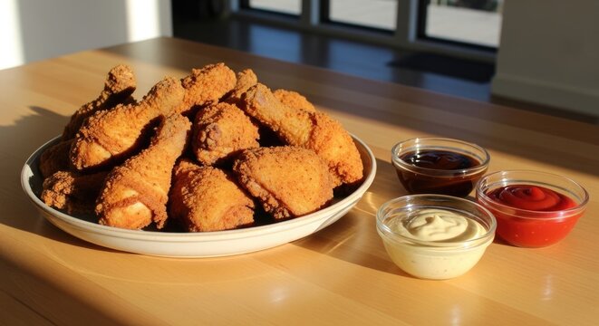 Crispy fried chicken with dipping sauces