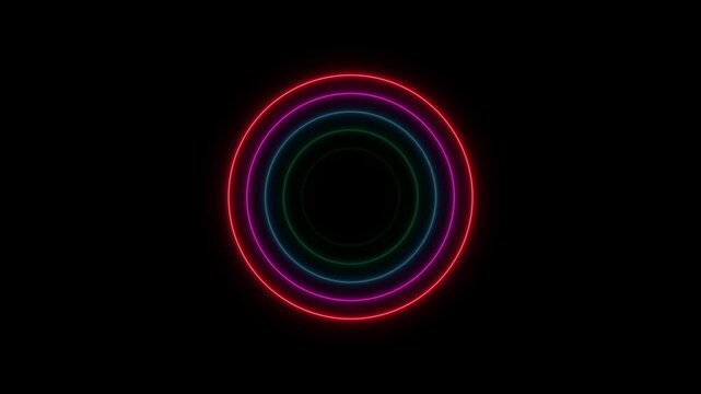 Neon glowing concentric circles pulsing animation on black background