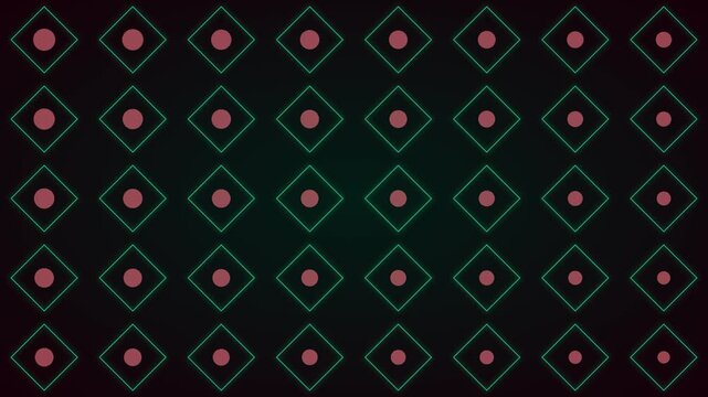 Neon green square pattern with pulsing red circles abstract motion animation 4k background