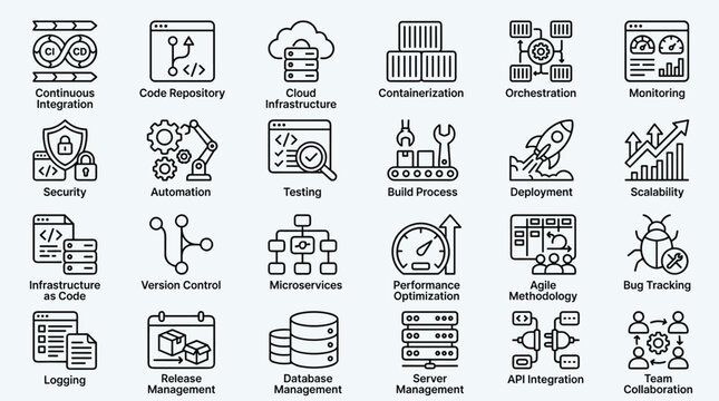 DevOps development line icons set for web and mobile. Continuous integration, code repository, cloud infrastructure, containerization.