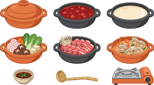 Traditional Asian Hot Pot Vector Set with Shabu Shabu Broth Meat Rolls Seafood Vegetables Claypots and Portable Stove Designs