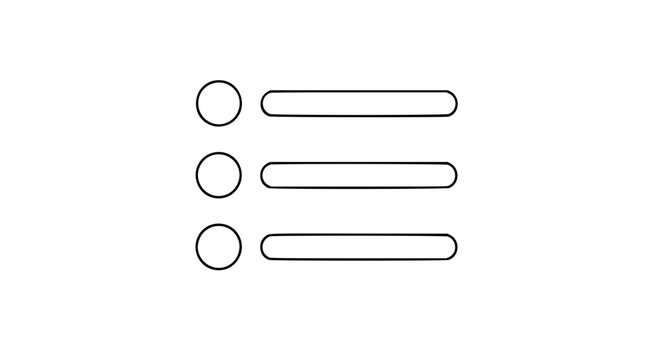Minimal bulleted list vector icon with three circular markers and rounded text lines, clean black outline for checklist, menu, tasks, notes, planning, UI, app, web, and presentation design