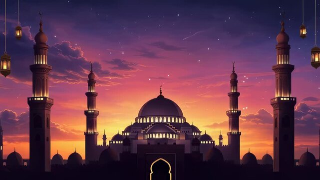 Great mosque silhouette under sunset sky during Ramadan. Traditional architecture with minaret and dome under crescent moon. Islamic cultural symbol at twilight.