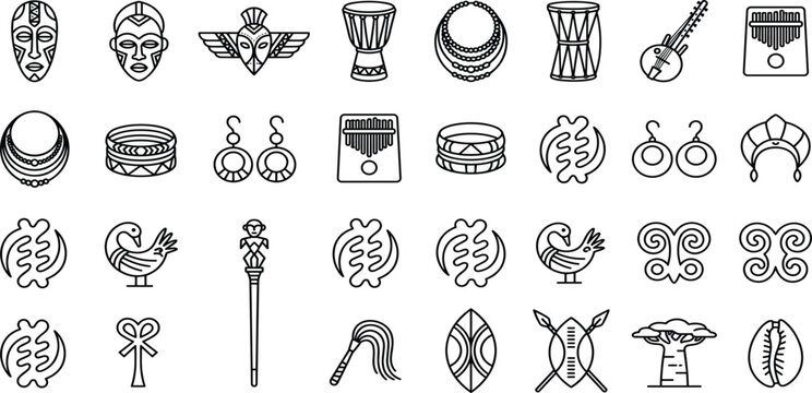 African Tribal Culture Icon Set Featuring Masks Musical Instruments Adinkra Symbols Traditional Art and Heritage Elements