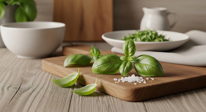 Fresh green basil leaves placed on a wooden cutting board with coarse sea salt ready for the preparation of a delicate chiffonade for gourmet cooking