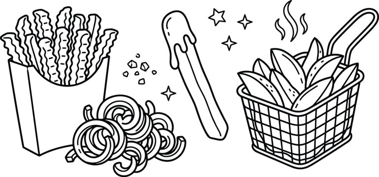 Crispy Potato French Fries Vector Set with Crinkle Cut Curly Fries Wedges Basket and Churro Fast Food Outline Designs