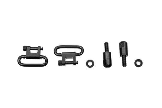 Rifle sling swivel set with mounting screws and washers, isolated on white back
