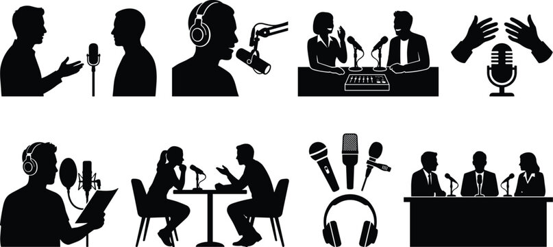 Podcast and Radio Interview Silhouette Bundle with Microphones Broadcasting and Audio Recording Icons