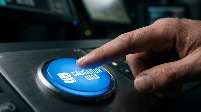 Finger pressing blue causation data button on control panel