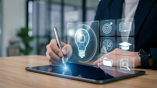 Person using stylus on tablet to interact with virtual lightbulb and education icons for creative brainstorming