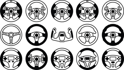 Gaming Steering Wheel Icon Set Featuring Sim Racing Controllers and Racing Game Wheel Vectors for Esport App and Website UI Designs © Maslima