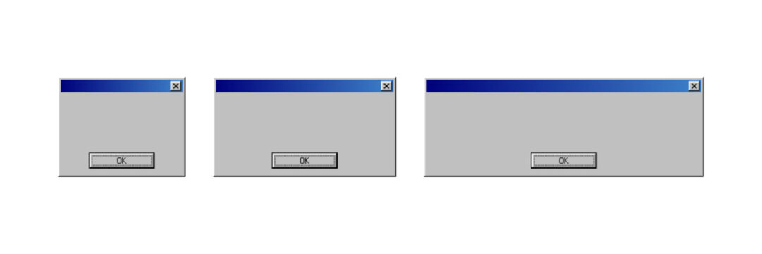 Retro computer window system interface with blue title bar and ok button. Vintage operating system dialogue box element for graphic design. Digital UI widget for software development.