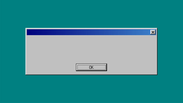 Retro computer window system interface with blue title bar and gray dialogue box containing ok button. Classic operating system design elements for digital technology mockups.